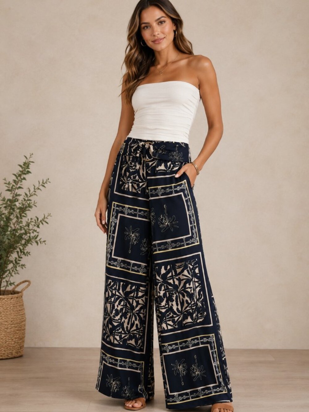 A Collection Navy Tropical Print Wide Leg Pants Size M Resort Boho